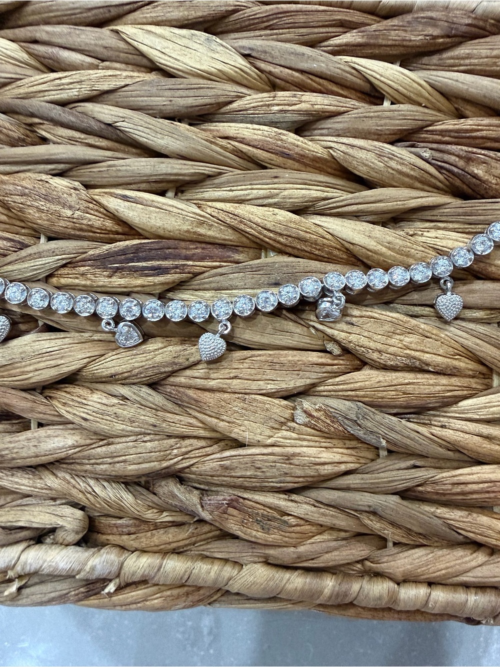 Sterling Silver Heart Charm tennis anklet with Cubic zirconia